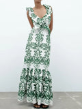 Rarove- New women's casual sexy 2023 V-neck halter tie green embroidery sleeveless layered dress 3152032