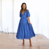 RAROVE-Graduation Gift Back to School Season Summer Dress Spring Outfit Summer Vacation Outfits  Elegant Fashion Deep V-neck Dresses for Summer Women Dress New Skinny Short Puff Sleeve Solid Midi Dress for Female