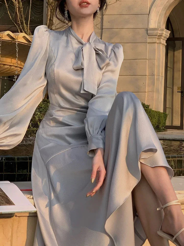 Rarove-Satin Dresses for Women Long Sleeve Streetwear French Style Dress Office Lady Print Midi Zipper 2024 New Spring Summer Dress