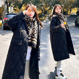 Rarove-Cotton Coat Removable Cap 2023 Winter New Knitted Cap Doll Collar Lozenge Long Down Cotton Jacket Pink Brown Black White