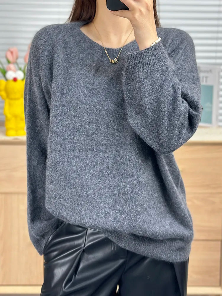 Rarove-Lazy wind thin ladies napped cashmere sweater soft waxy skin-friendly round neck loose sweater lazy wind sweater