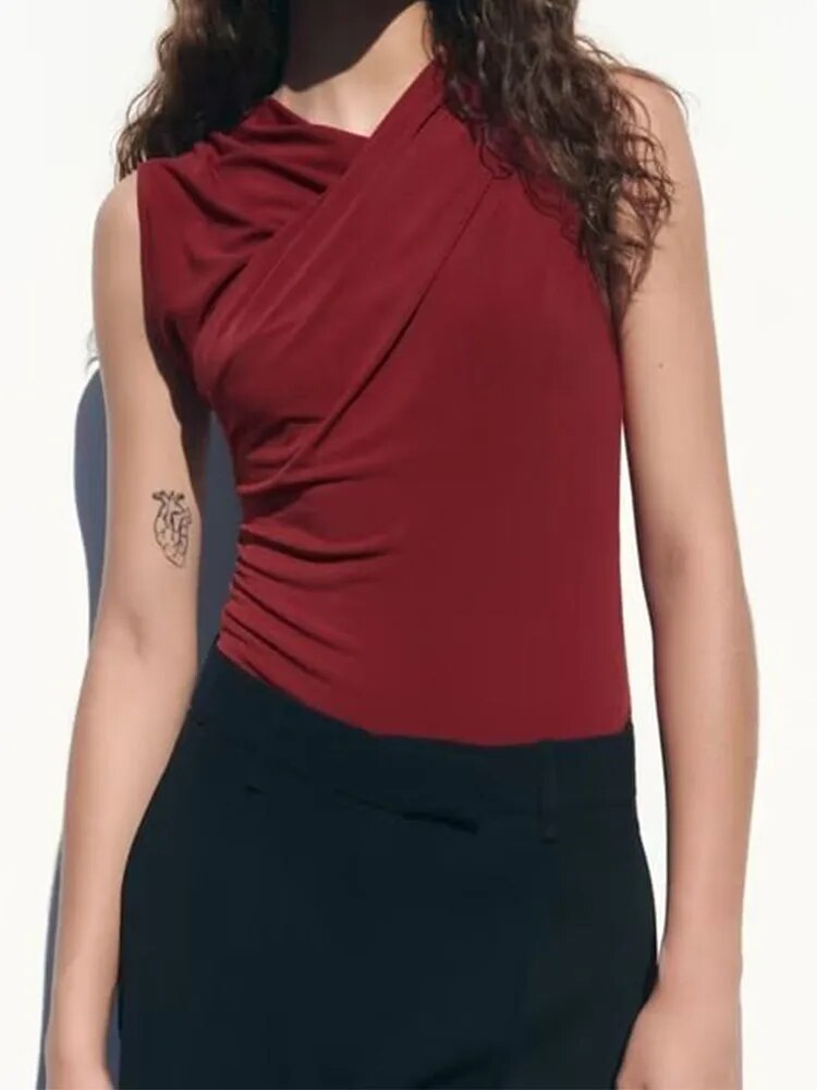 Rarove - New Women's Style Versatile Pleated Double Flap Neckline Sleeveless hem Snap closure Pleated Neckline Bodysuit