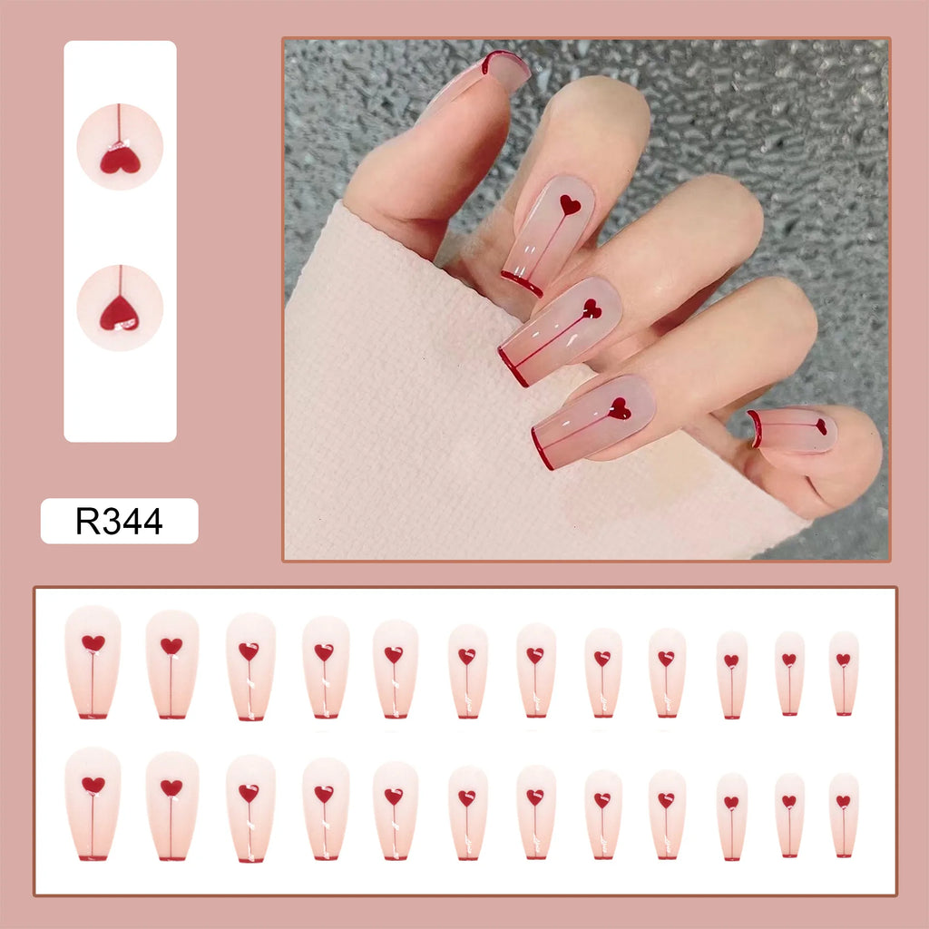 Rarove 24Pcs Charming Pink Flame Long Ballerina Wearable Fake Nails Press on Smaill Heart Full Cover Detachable Finished Fingernails