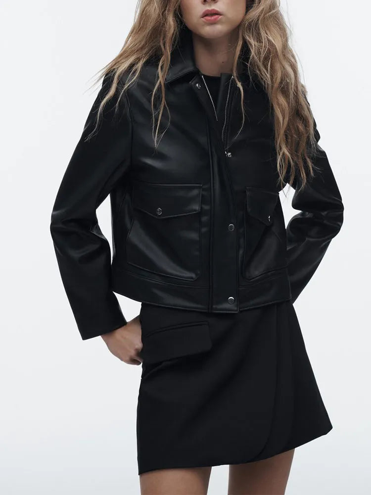 Rarove- 2023 spring new women's black loose casual hundred sexy Riley retro lapel temperament imitation leather jacket jacket