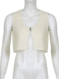 RAROVE Y2K Fashion Streetwear One Button Sleeveless Knit Vests Women Vintage 90s Deep V-neck Shaggy Crop Sweaters Retro White
