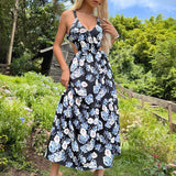 RAROVE-Graduation Gift Back to School Season Summer Dress Spring Outfit Summer Vacation Outfits  Elegant Floral Print Dress for Women Summer Dresses New V-neck Waistless Backless Hollow Out Midi Skinny Slip Dress