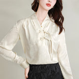 Rarove-2024 Spring/Summer Fashion Satin Chinese Style Women's Shirt Silk Vintage Blouses Floral Clothing Loose Spring/Summer Long Sleeves Women Tops