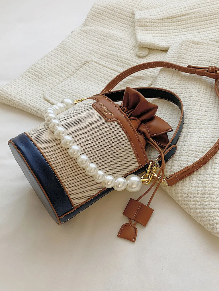 Rarove-Mini Man-Made Pearl Chain Drawstring Design Bucket Bag Bandbag Shoulder Messenger Bag