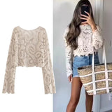 Rarove_Pullover Hollow Crochet Knit Short Top For Women Long Sleeve See Through O Neck Slim Knitted Tank Blouse Fashion Commuter Tops