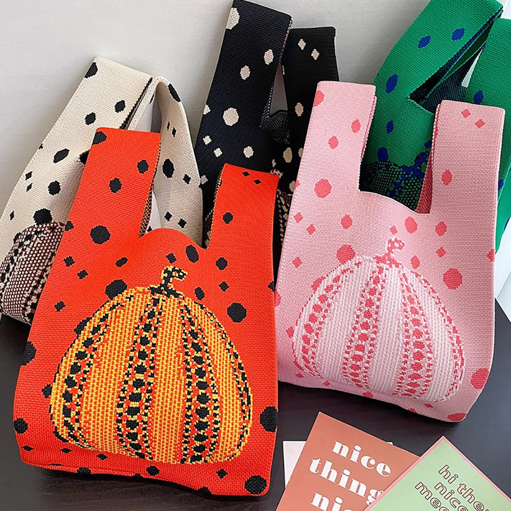 Rarove-Handmade Knit Handbag Women Mini Knot Wrist-bag Female Casual Color Wide Stripe Plaid Tote Bag Student Reusable Shopping Bag