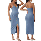 Rarove-Sexy Pregnant Women Knitted Spaghetti Strap Dresses Premama Sleeveless Buttons Bodycorn Long Dress Maternity Midi Party Dresses