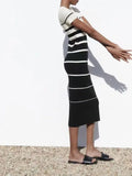 Rarove- New Femininity Casual Vibrant Sexy Knit High Stretch One Size Short Sleeve Round Neck Striped Midi Dress