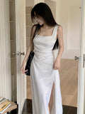 RAROVE U Neck Folds Sexy Loose Tank Maxi Dress New Women Summer Slit Thin Suspender Dresses With High-Quality Texture Party