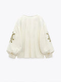 Rarove - New women's embroidered cotton shirt V-neck long-sleeve cuffs pleated design contrast embroidery decoration