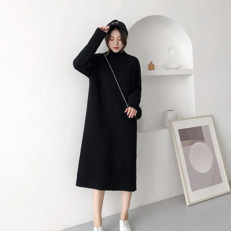 Rarove-Mid-length pure cashmere sweater women's semi-high collar over-the-knee dress loose plus size sweater knitted bottoming sweater