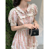 RAROVE-Graduation Gift Back to School Season Summer Dress Spring Outfit Summer Vacation Outfits  Pink Kawaii France Vintage Dress Women Floral Print Elegant Evening Party Midi Dresses Lace Puff Sleeve Retro Sweet Dress
