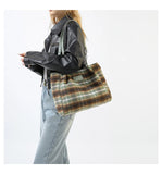 Rarove-Vintage fashion hand-held large capacity color contrast plaid commuter shoulder Tote bag