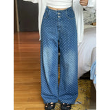 RAROVE-Blue Polka Dot Printed High Waist Jeans Women's 2024 Summer Loose Straight Leg Pants