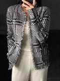 Rarove-Houndstooth plaid fringed cashmere sweater knitted small fragrant wool cardigan women's loose plaid coat