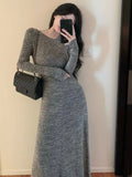 Rarove 2023 Autumn Women Slim Waist Midi Dress French New Long Sleeve Vintage A-line One Pieces Clothes Lady O-neck Casual New Outfits