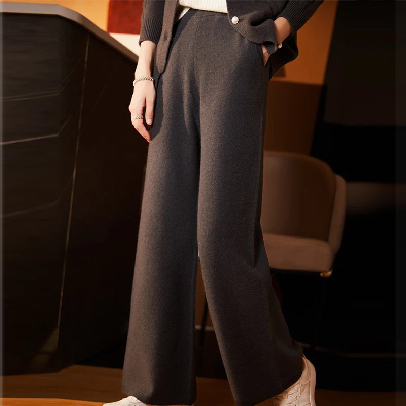 Rarove-Cashmere wide-leg pants women's high waist straight pants wear casual wool pants in autumn and winter.