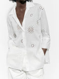 Rarove- New Women's 2023 Side Split Asymmetric Hem Front breasted Closed Cut Out Embroidery Shirt