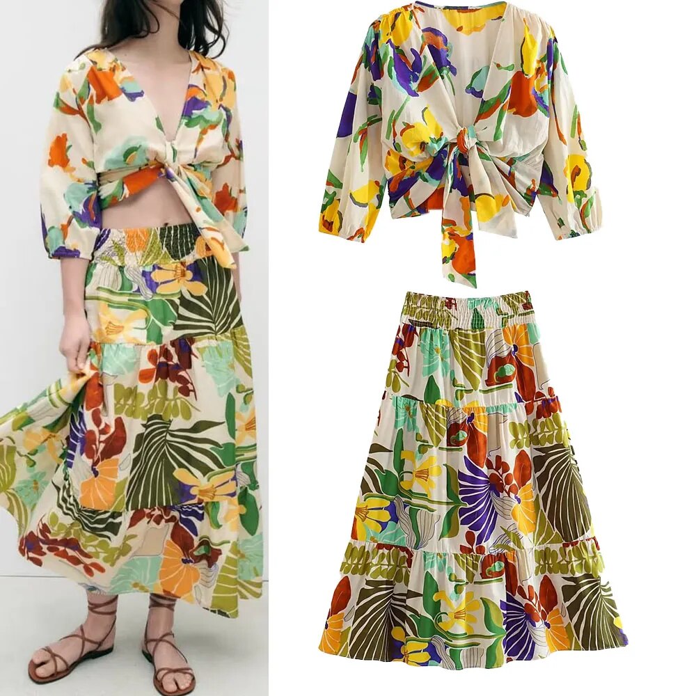 Rarove - New women's 2023Q fashion casual tropical style printed knot decoration waist short top high waist long skirt