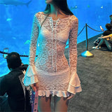 RAROVE Coquette Aesthetic Lace Patchwork Sheer Bodycon Dress E-girl Rave Gown Sexy See Through Super Mini Dresses Y2K Clubwear