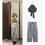 Rarove - New women's clothing, energetic temperament, fashion, casual, sexy halter collar windbreaker fabric top, nylon overalls