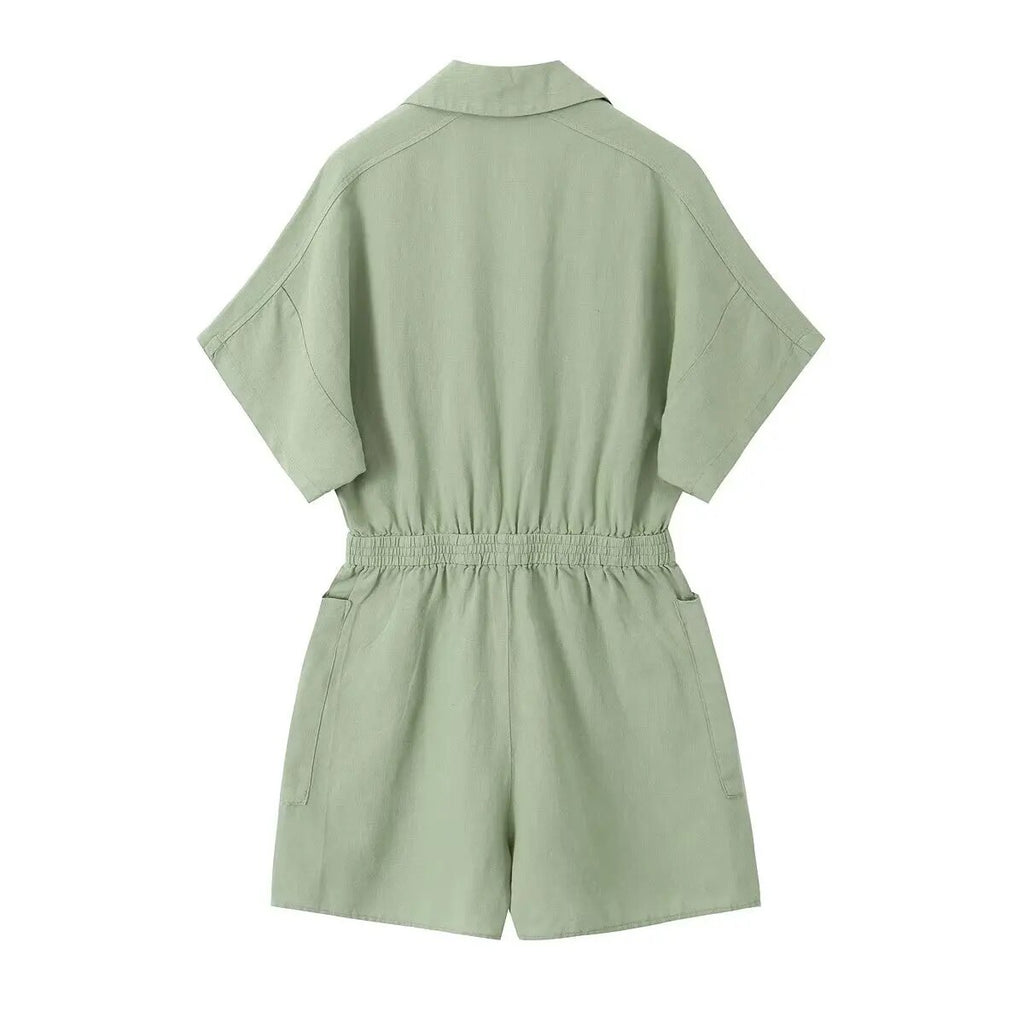 Rarove - New women's fashion sexy Ruili temperament all-match slim waist linen blended short jumpsuit