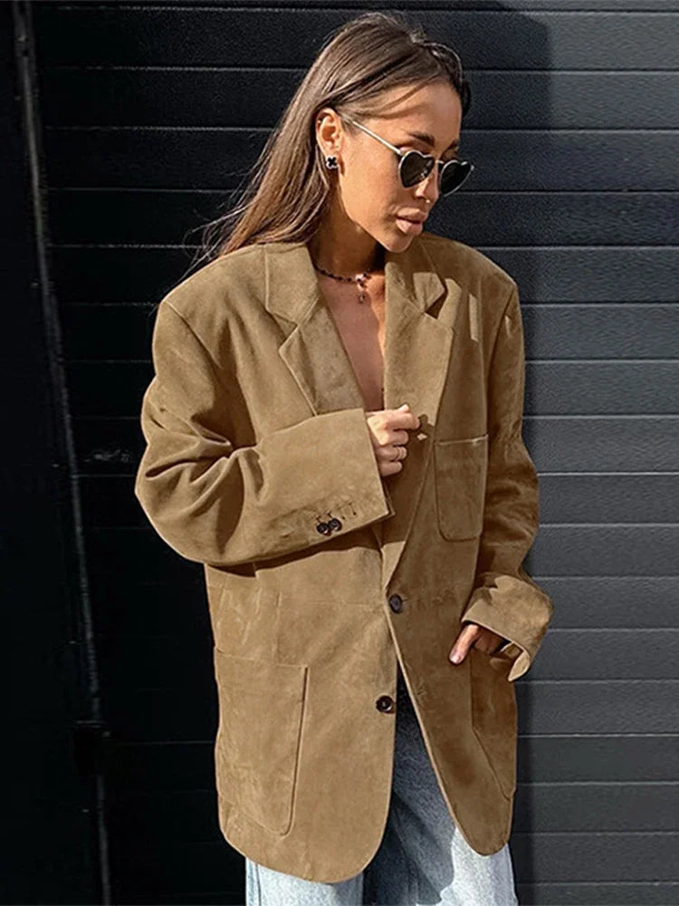 Rarove-Fall Outfits Outwear Streetwear Office Lady Blazer Coat Fashion Brown Single Breasted Suede Female Jackets Vintage Autumn Long Sleeve Turn-down Collar Outwear