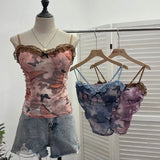 RAROVE-Summer Date Night Outfit Women Spaghetti Strap Lace Bow Slim Top Tie Dye Butterfly Print Tank Top Mesh Hot Girl Padded Tee Sexy Summer Vacation Y2K Vest