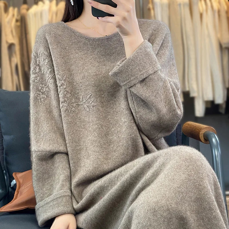 Rarove-Autumn and winter round neck cashmere dress female loose lazy wind embroidery plus size sweater pure wool knitted dress