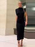Rarove-Fashion Black O Neck Midi Dresses For Women Sexy Sleeveless High Waist Rear Split Slim Dresses Elegant Female Streetwear Robes