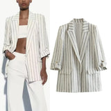 Rarove - New Women's Clothes 2023 Casual Elegant Sexy Temperament Fashion Stripe Rollable Sleeve Casual Suit Jacket