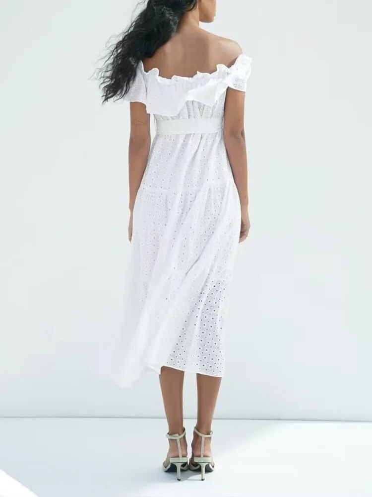 Rarove- New women's fashion casual vitality elegant same fabric belt white temperament hollow embroidery midi dress