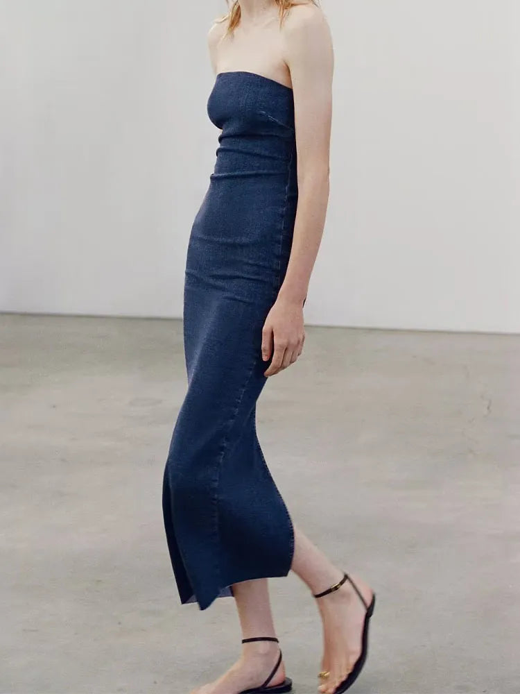 Rarove- New women's clothing 2023 temperament fashion casual one-neck tube top slim fit raw edge slit denim dress