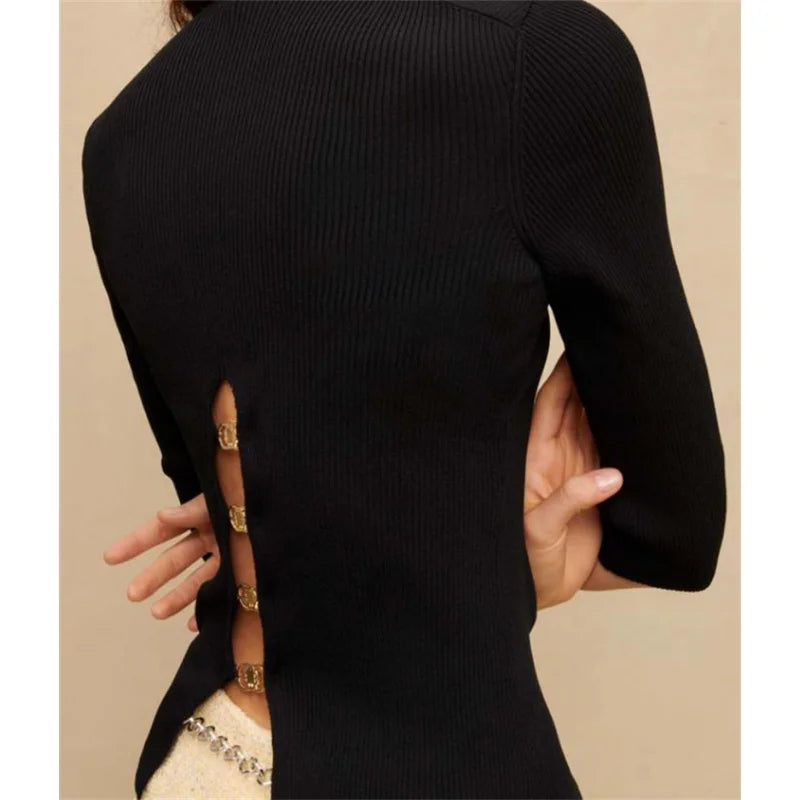 Rarove Matching Backless Design Five-part Short Sleeve Knit Sweater Women's Pullovers  Female Clothing