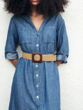 Rarove- New Women's Casual Chic Front Patch Pockets Front Button Closure Contrasting Belt Linen Blend Shirt Dress