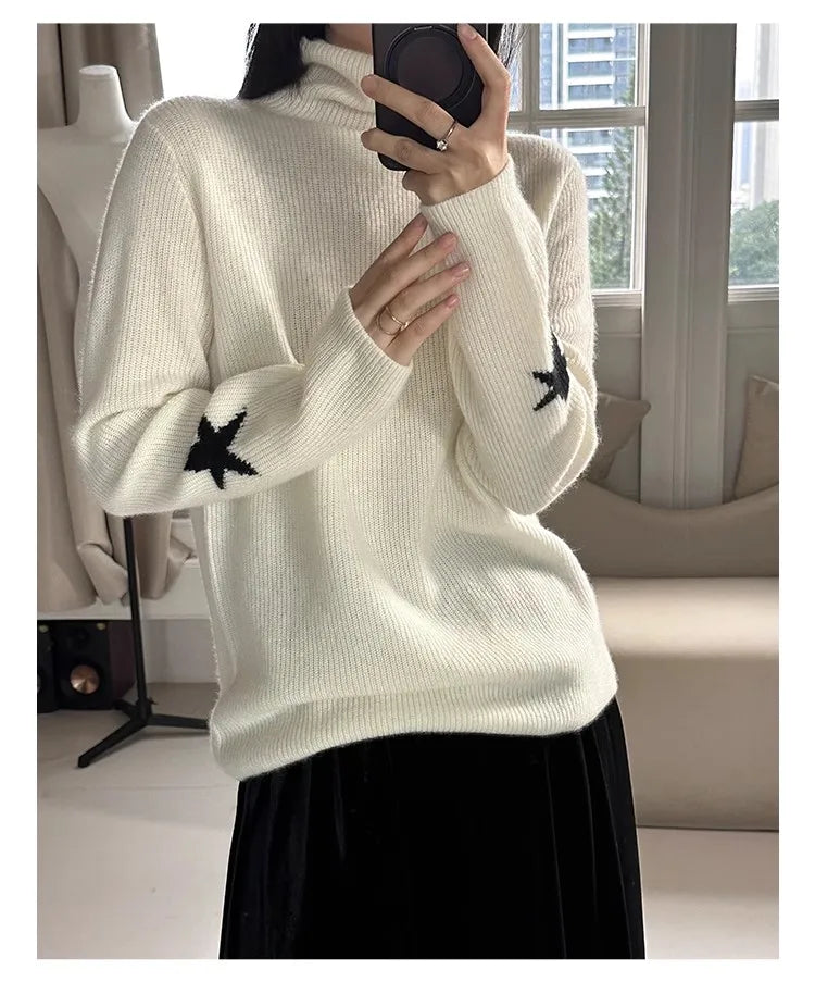 Rarove-Pure cashmere thick high-necked bottoming shirt female gold ingot needle pile collar knitted cuff star sweater