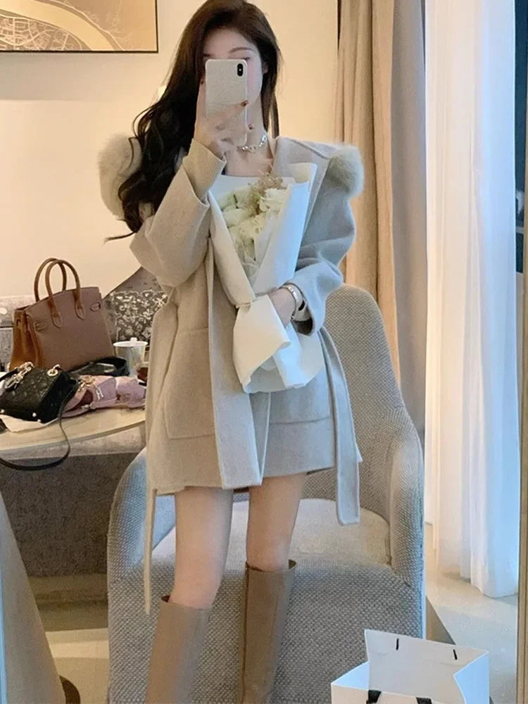 Rarove-Elegant Woolen Coat Women Long Sleeve Streetwear Korean Fashion Jackets Solid Hooded Sweet 2024 New Autumn Winter Coats