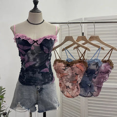 RAROVE-Summer Date Night Outfit Women Spaghetti Strap Lace Bow Slim Top Tie Dye Butterfly Print Tank Top Mesh Hot Girl Padded Tee Sexy Summer Vacation Y2K Vest