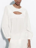 Rarove - New women's casual all-match round neck lace decoration long-sleeved white slit blouse top 3666122