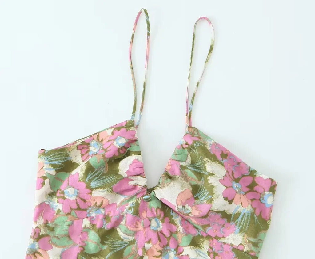 Rarove- New Summer Temperament Casual Sexy V-neck Pleated Decorative Linen Blended Flower Print Dress for Women