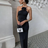 Rarove- Elegant Sleeveless Slim Black Dress Aesthetic Oblique Strap Backless Prom Dresses French Retro Evening Party Skinny Robe
