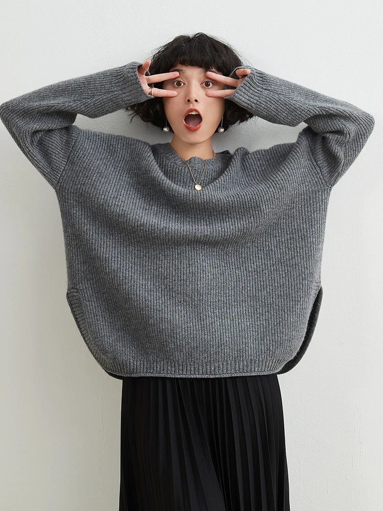 Rarove-Solid color cashmere sweater women's round neck thick split sweater loose lazy bottoming sweater
