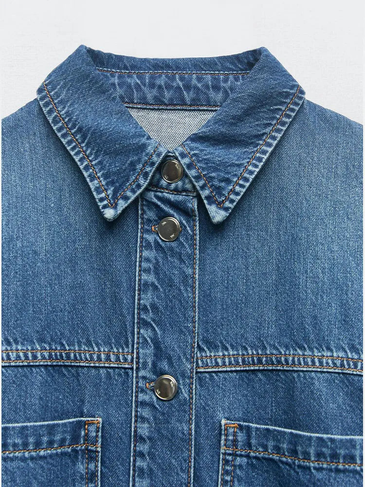 Rarove- New Women's Style Fashion Casual Long Sleeve Polo Shirt With Patch Pocket Front Metal Button Closed Loose Denim Shirt