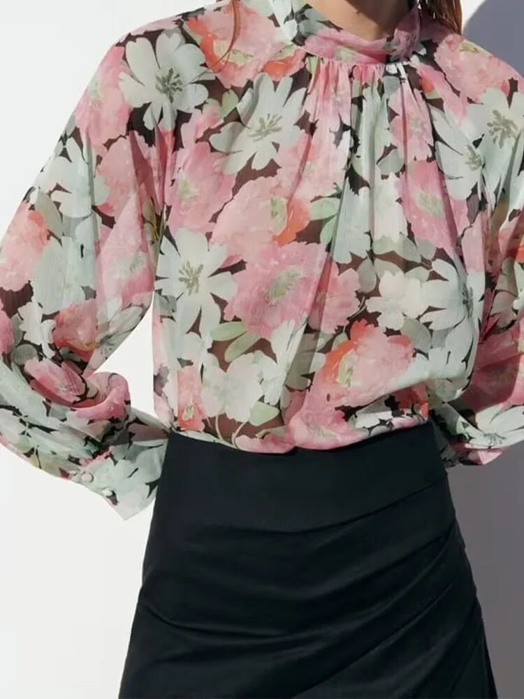 Rarove - New Women's Style Fashion Versatile Casual Mock Neck Shirt Long Sleeve Closure Bow Print Shirt