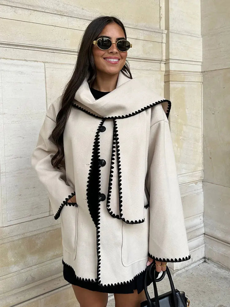 Rarove_Quilted Coat With Scarf Women's Cashmere Splice Long Sleeve Solid Plush Thick Jacket Loose 2023 Autumn Winter Warm Overcoats