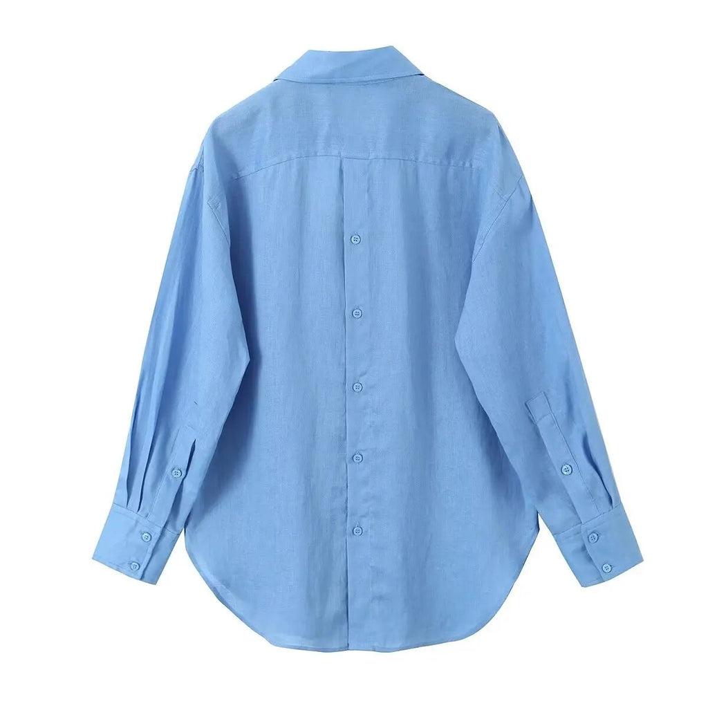 Rarove - New Women's Casual Fashion Lapel Long Sleeve Closure Front Breasted Button Closure Back Buttons Linen Shirt
